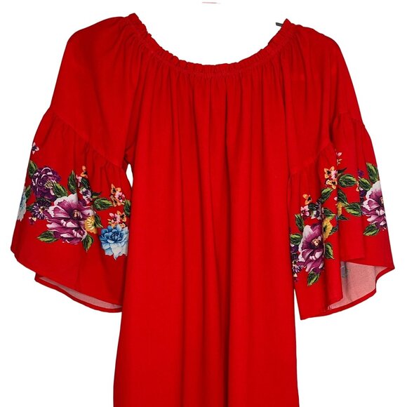Umgee Red Floral Peasant Dress Small Boho Bell Sleeve Cottagecore - Picture 11 of 12